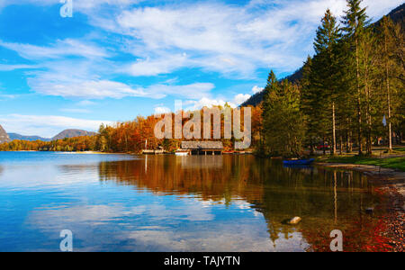 Vue tranquille pittoresque avec des arbres en couleurs de l'automne et un garage à bateaux sous un ciel bleu, ce qui reflète dans le lac de Bohinj. Le parc national du Triglav (TNP), SL Banque D'Images