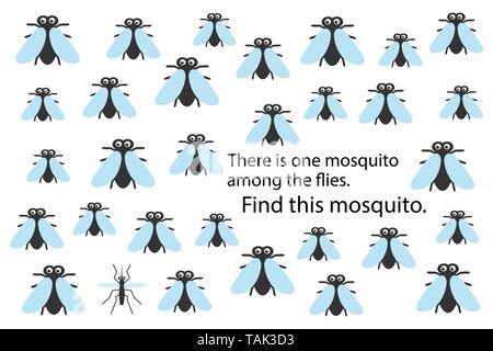 Chez les mouches, moustiques trouver amusant jeu de puzzle printemps de l'éducation pour les enfants d'âge préscolaire, l'exercice pour les enfants, une tâche logique pour le développement de Illustration de Vecteur