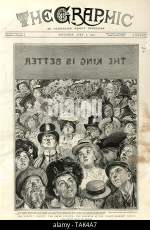 La page avant la pof Grpahic Newsapaper illustré. 5 juillet 1902. L'anxiété de la nation la foule le bulletion de lecture à propos de la santé du roi à la dai;ly bureau graphique Banque D'Images