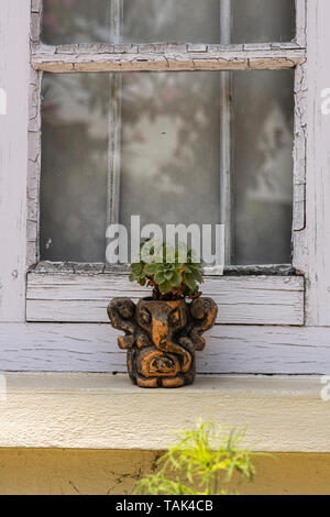 Un pot de jardin/jardinière façonné sous la forme du Seigneur Ganesha avec un succulent croissant sur elle reposant sur un rebord extérieur/appui de fenêtre. Banque D'Images