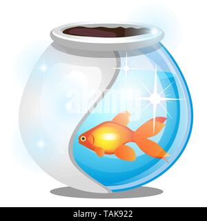 Poisson d'or à l'intérieur d'un aquarium en verre rond isolé sur fond blanc. Cartoon Vector illustration close-up. Illustration de Vecteur