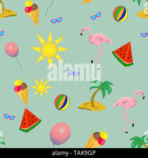 Motif coloré transparente d'été avec Flamingo, pastèque, palm, lunettes de soleil sur fond vert Banque D'Images