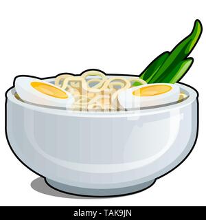 Bol en porcelaine avec des nouilles aux œufs et une réduction de la moitié des œufs de poulet et les oignons verts frais isolé sur un fond blanc. L'illustration de livre de Illustration de Vecteur