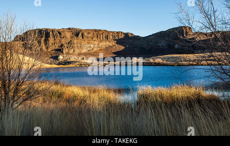 Une vue sur le littoral et les falaises au-dessus du lac antique de poule Coulee, Central Washington State, USA. Banque D'Images