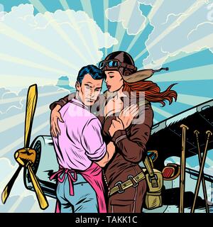 Femme pilote dit au revoir à un homme, un couple amoureux d'un avion rétro. Pop art retro kitsch vintage illustration vectorielle Illustration de Vecteur