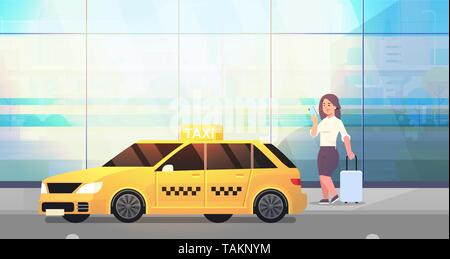 Businesswoman using mobile app taxi commande business woman en tenue de cérémonie avec une assurance près de yellow cab city transportation service concept Illustration de Vecteur