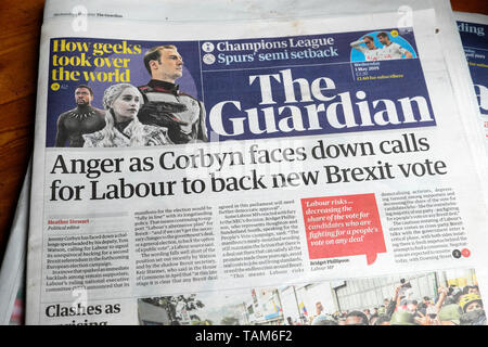 'Colère comme Corbyn est orientée vers le bas pour les appels à la main-d'œuvre retour nouveau Brexit vote" Guardian titre sur 1 Mai 2019 Londres Angleterre Royaume-uni Grande-Bretagne Banque D'Images