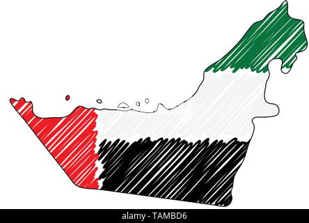 Emirats Arabes Unis site esquisse dessinée à la main. Concept illustration vectorielle, drapeau, dessin pour enfants scribble map. Carte du pays pour l'infographie, brochures Illustration de Vecteur