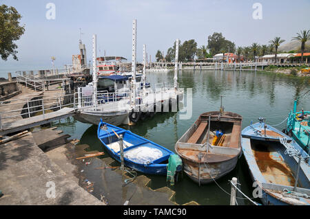 Israël, Kibbutz Ein Gev (créé en 1937) sur les rives de la mer de Galilée. Bateaux de pêche dans le port Banque D'Images