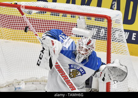 Bratislava, Slovaquie. 26 mai, 2019. Gardienne de la Finlande KEVIN LANKINEN en action pendant la Championnat du Monde de Hockey sur glace médaille d'or à l'Ondrej Nepela Arena à Bratislava, Slovaquie, Dimanche 26 Mai, 2019. Photo : CTK Vit Simanek/Photo/Alamy Live News Banque D'Images