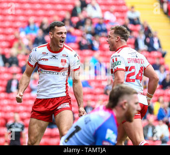 Anfield, Liverpool, Royaume-Uni. 26 mai, 2019. Rugby League Week-end magique Dacia ; Craig Hall de Hull KR célèbre après qu'il marque un essai à la 29 minute pour le rendre 0-14 avec Josh Drinkwater de Hull KR se joindre à l'Action : Crédit Plus Sport/Alamy Live News Banque D'Images