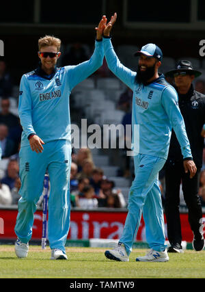 Londres, Royaume-Uni. 27 mai, 2019. Joe racine de l'Angleterre célébrer la capture de aj19 par Ben Stokes de l'Angleterre avec Moeen Ali d'Angleterre durant la Coupe du Monde de Cricket ICC - chaleureux - entre l'Angleterre et de l'Afghanistan à l'Oval Stadium, Londres, le 27 mai 2019 : Crédit photo Action Sport/Alamy Live News Banque D'Images