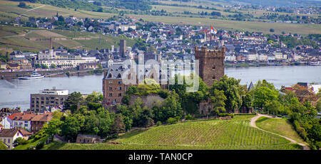 Klopp château à Bingen, vue sur Ruedesheim de l'autre côté du Rhin, la Vallée du Haut-Rhin moyen, Rhénanie-Palatinat, Allemagne Banque D'Images