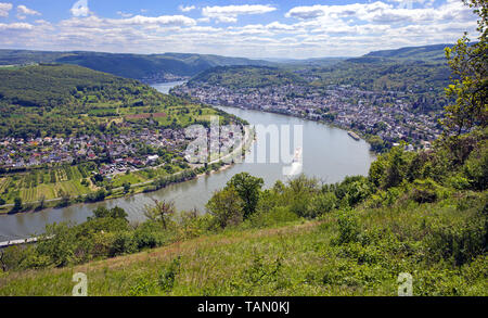 Vue partielle de la grande boucle (Rheinschleife Bopparder Hamm) rhin Boppard, Vallée du Haut-Rhin moyen, Rhénanie-Palatinat, Allemagne Banque D'Images