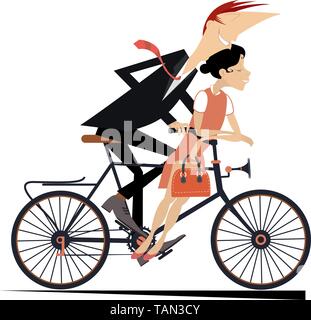 Jeune couple romantique se déplace sur le vélo. Smiling man and woman rouler ensemble sur le vélo et l'air heureux isolé sur blanc illustration Illustration de Vecteur