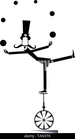 L'homme drôle longues moustaches dans le top hat contrepoids sur le monocycle et jongle avec les boules noir sur blanc illustration Illustration de Vecteur