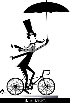 Longues moustaches man rides sur le vélo illustration isolé. Cartoon longues moustaches homme dans le top hat avec parapluie se déplace sur le vélo noir sur blanc Illustration de Vecteur
