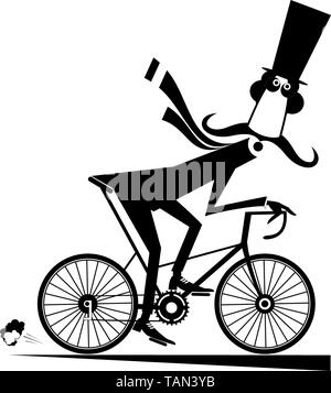 Dans l'homme moustache dessin animé top hat se déplace sur le vélo noir sur blanc illustration Illustration de Vecteur