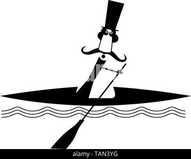 Nautisme longues moustaches homme illustration. Comic longues moustaches homme dans le top hat flottant sur les vagues sur le bateau noir sur blanc Illustration de Vecteur