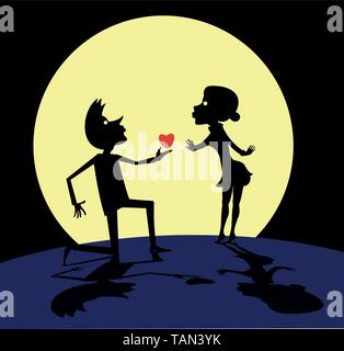 Love couple rendezvous sous la lune illustration. Homme amoureux restant sur le genou du symbole du cœur donne à sa femme sous la lune sur l'arrière-plan Illustration de Vecteur