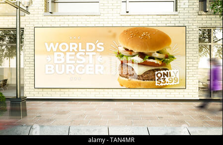 Big burger horizontale affiche sur le mur de la rue maquette de rendu 3D Banque D'Images