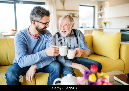 Un fils adulte et senior père assis sur un canapé à l'intérieur à la maison, boire du thé. Banque D'Images