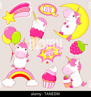 Ensemble de style kawaii cute dans les licornes. Unicorn sur arc-en-ciel, avec des ballons, cupcake, la crème glacée, un autocollant avec l'inscription magic, les licornes sont réels. Spe8 Banque D'Images