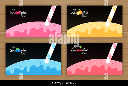 Ensemble de cocktail de fruits smoothie télévision banner illustration. Naturel de fruit savoureux, de la paille et de couches colorées des smoothies savoureux cocktail ou la crème glacée. Logo Smoothie pour la saison estivale promo bannière. Banque D'Images