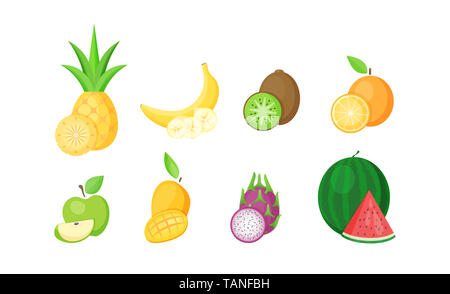 Ensemble de fruits tropicaux avec des tranches cartoon illustration. Collection de fruits naturels frais dans un style plat isolé sur fond blanc du restaurant menu design ou de fruits du marché biologique banner. Banque D'Images