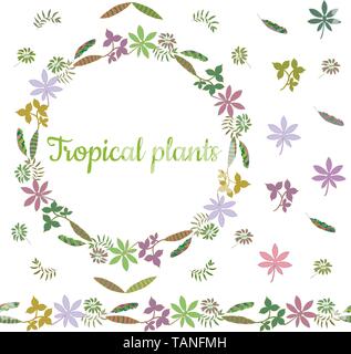 Guirlande colorée faite de feuilles de différentes plantes tropicales. Brosse horizontale sans fin. Une frontière horizontale. Vector illustration dessin à la main. Illustration de Vecteur