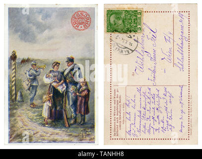 Carte postale historique autrichien : l'adieu d'un soldat avec sa famille, le début de la première guerre mondiale 1914-1918, dos de carte postale, Autriche Banque D'Images