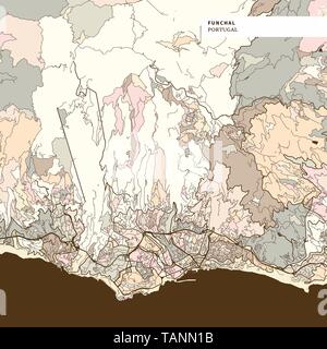 Carte de funchal Portugal, art site imprimer modèle. Version de couleur marron pour les applications web, d'impression ou d'artifices Illustration de Vecteur