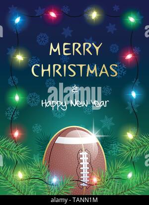 Joyeux Noël et Bonne Année. Carte de vœux sport Football avec ballon et des lumières de Noël. Vector illustration. Illustration de Vecteur