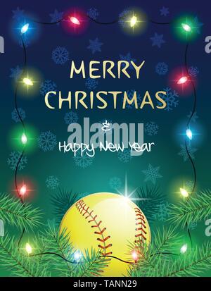 Joyeux Noël et Bonne Année. Carte de vœux sport balle de softball et lumières de Noël. Vector illustration. Illustration de Vecteur