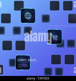 E-commerce, achats en ligne, digital marketing, internet des objets concept. Illustration Vecteur de fond moderne design avec icône carrés noirs, ban Illustration de Vecteur