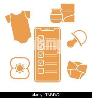 Vector illustration avec le smartphone à l'aide de bébé, accessoires. Body, aliments pour bébé, couches, peut-mamelon, bat. Les achats en ligne. Illustration de Vecteur