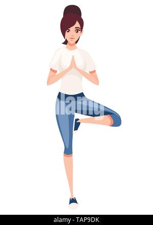 Les femmes en tenue de remise en forme de yoga en pose en équilibre sur une jambe cartoon character design télévision vector illustration. Illustration de Vecteur