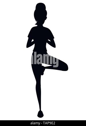 Silhouette noire Les femmes en tenue de remise en forme de yoga en pose en équilibre sur une jambe cartoon character design télévision vector illustration. Illustration de Vecteur