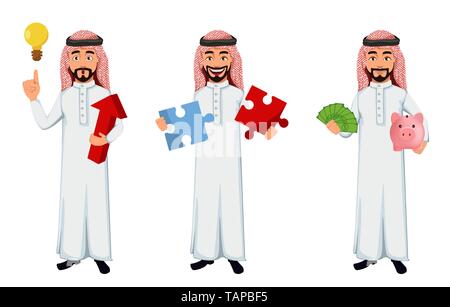 L'homme d'affaires arabe moderne, ensemble de trois poses. Homme d'affaires réussi personnage a une bonne idée, est titulaire de deux morceaux de puzzle et détient l'argent et Illustration de Vecteur