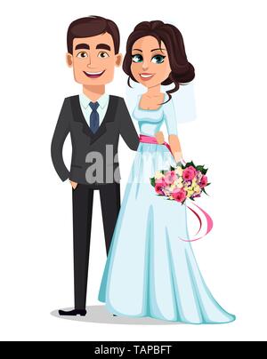 Belle bride holding bouquet de fleurs beau palefrenier en litige. Couple de mariage. Concept de mariage. Vector illustration. Illustration de Vecteur