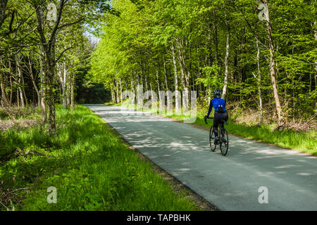 Femelle adulte cyclist riding entre forêt au Danemark. Banque D'Images