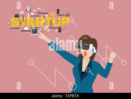 Femme à l'aide de casque de réalité virtuelle. vector illustration Illustration de Vecteur