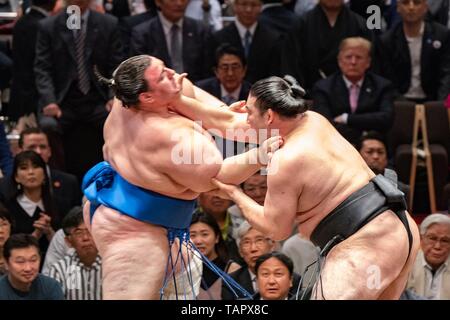 Le Président américain Donald Trump, droite, et le Premier ministre japonais Shinzo Abe, centre, regarder le Sumo wrestlers pendant le match final à l'été au Championnats du Grand Stade Ryogoku Kokugikan, le 26 mai 2019 à Tokyo, Japon. Banque D'Images