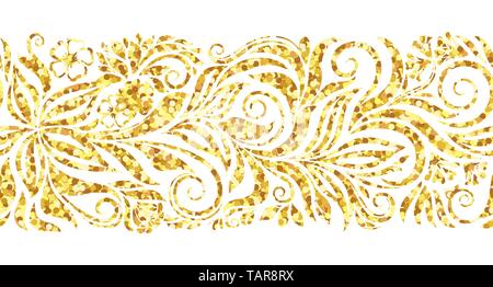 Sparkle glitter gold frontière perméable. Tourbillons décoratifs et fleurs sur fond blanc. Pour les cadres de conception, bande, ruban. Illustration de Vecteur