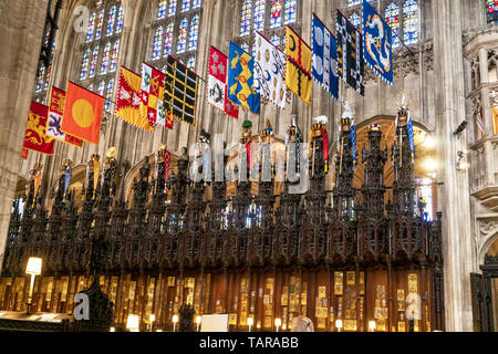 Windsor, Royaume-Uni - Mai 13, 2019 : l'intérieur de la cité médiévale, la chapelle Saint Georges l'hôte du prince William et Meghan Markle cérémonie de mariage à Windsor, England UK . Banque D'Images