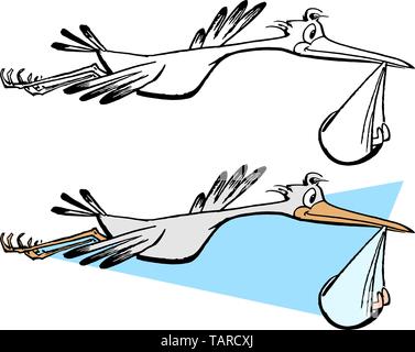 Une cigogne vole dans l'air la prestation d'un nouveau-né. Illustration de Vecteur