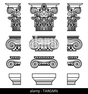 Un ensemble de meubles anciens capitales historiques grecs pour Calon : Dorique, ionique, et de chapiteaux corinthiens avec un des éléments de coupe Illustration de Vecteur