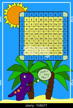 Table de multiplication. Poster carré avec dino pour l'impression du matériel éducatif d'enfants à l'école et à la maison. Études Violet Tyrannosaurus mathem Illustration de Vecteur