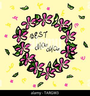 Couronne en style croquis. Contour noir et couleur rose. Branches vertes, des confettis et l'inscription meilleure maman. Illustration vecteur doodle. Fleurs pour Illustration de Vecteur