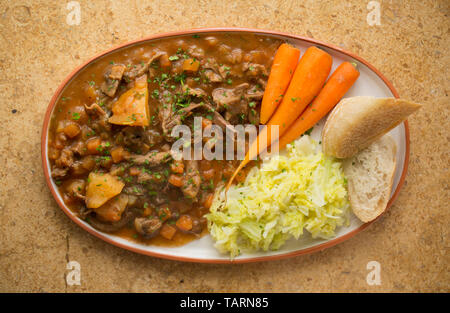 Une assiette de ragoût de venaison maison faite à partir de la viande du gibier mijoté d'os qui ont été mijotée dans une cocotte avec les légumes, les champignons et les herbes pour Banque D'Images